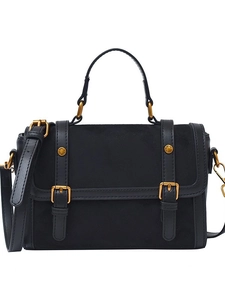 Retro black leather and suede patchwork crossbody bag with gold buckle hardware