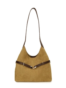 Retro faux suede tote bag in coffee brown with leather straps and gold buckle