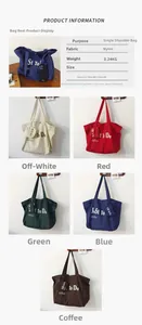 Detail showing five colors of nylon tote bags with letter prints and size specifications