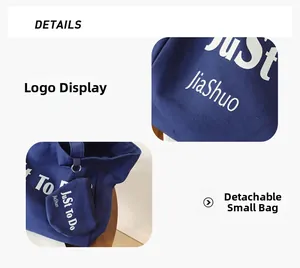 Detail of canvas tote bag featuring a detachable small zipper pouch and brand text