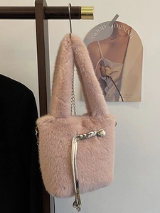 Damen Kunstfell Plüsch Eimertasche Mit Goldener Kette Und Künstliche Perlenband Dekoration Weiche Warme Handtasche Für Herbst Winter