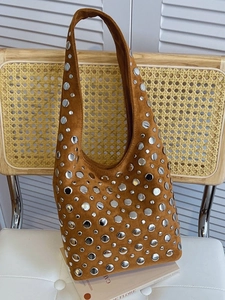 Sac à Épaule Seau Vintage en Simili Daim pour Femme avec Rivets Argentés Sac à Main Hobo Grande Capacité Style Punk