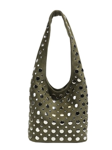 Sac hobo en daim vert olive avec rivets argentés et bandoulière de grande capacité