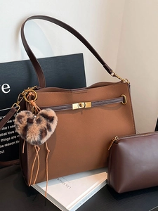 Retro Large Capacity Tote Bag For Women Autumn Winter Solid Color PU Leather Shoulder Crossbody Sub-mother Bag With Leopard Charm