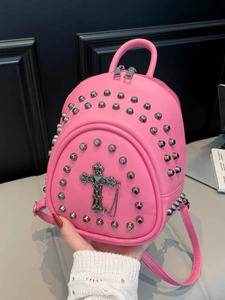Pink mini rivet backpack with silver cross pendant and metal chain street style