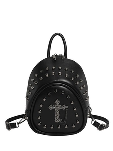 Gothic black rivet backpack with cross pendant and chains for stylish women