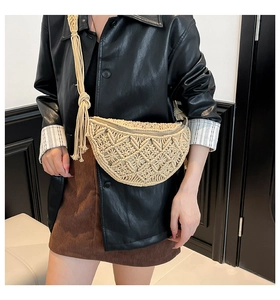 Bohemian beige woven crossbody bag with diamond texture and long fringe tassel strap detail