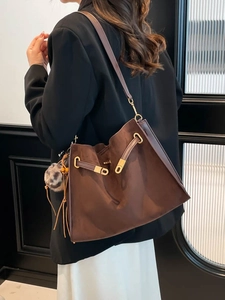 Vintage dark brown faux suede tote bag with leopard print pompom charm for women