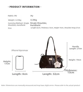 Size chart showing dimensions and weight of the brown embossed shoulder bag next to a phone