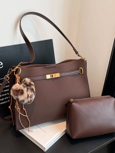 Brown vintage faux leather tote bag set with heart charm and crossbody strap