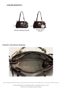 Detail of coffee shoulder bag showing interior striped lining and textured synthetic leather