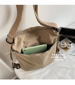 Detail view of khaki tote bag back zipper pocket showing large capacity for tablets
