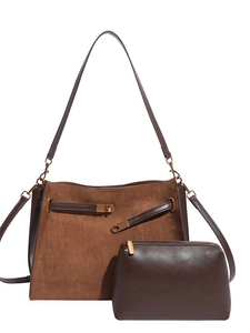 Vintage brown matte tote bag with matching inner pouch and gold metallic twist buckle