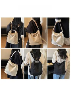 Multi-way large capacity tote bag shown in khaki, beige, and black colors on models
