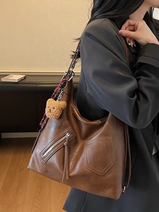 Retro dark brown PU leather tote bag with plush bear charm and large capacity