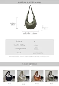 Detailed size chart of hobo canvas crossbody bag with four color options