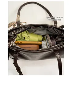 Detailed view of dark brown tote bag interior with large capacity for daily items