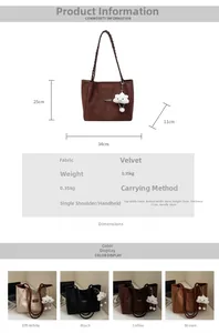 Detailed dimensions of large faux suede tote bag with cute cloud pendant for daily use