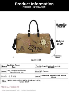 Detailed size chart for graffiti canvas travel bag with 50cm width and 35cm height
