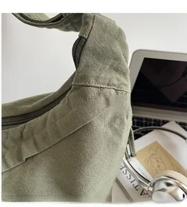 Detail of army green canvas crossbody bag showing durable texture and metal zipper