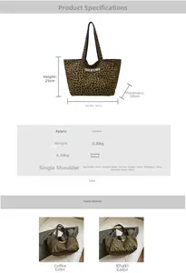 Detailed dimension guide for leopard print canvas tote bag with strap and size specs