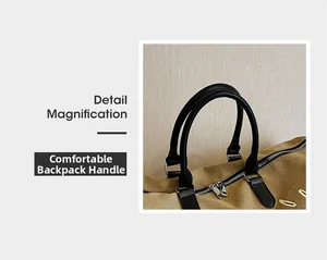 Detail magnification of comfortable leather handles and metal zipper on khaki canvas travel bag