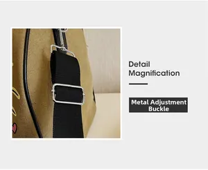 Detail of adjustable silver buckle on black nylon strap of a graffiti canvas travel bag