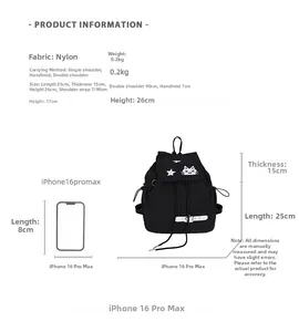 Detailed size chart of black checkered nylon backpack with dimensions and phone comparison