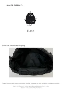 Detail view of large capacity black plaid backpack with internal zip pocket and drawstring