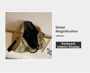 Internal view of a large khaki canvas duffel bag featuring hand-drawn sun and cat prints