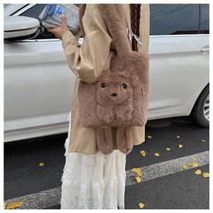 Detail of soft brown plush tote bag featuring a cute 3D teddy bear design for winter