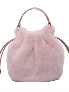 Chic pink faux fur bucket bag with a leather handle and a drawstring closure design