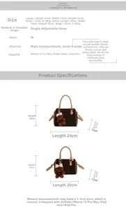 Guide des tailles pour sac à bandoulière vintage montrant les dimensions et détails