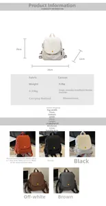 Detail view of small canvas backpack dimensions and various color options available