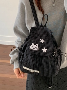 Black and white checkered drawstring backpack with cat embroidery and star buckles
