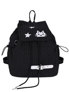 Black checkered drawstring backpack with cute cat and star embroidery detail