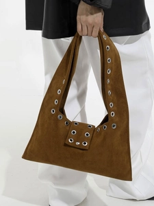 Sac à Épaule Vintage en Suède Grande Capacité Avec Oeillets Métalliques Femmes Rétro Punk Hobo Sac sous le Bras Mode