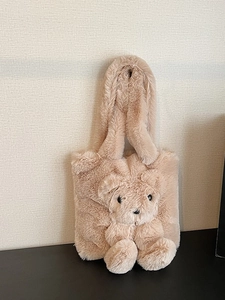 Fuzzy teddy bear tote bag in khaki plush material with soft 3D cartoon bear details