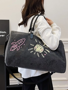 Graffiti travel bag with canvas texture and pink rocket prints for gym and travel use