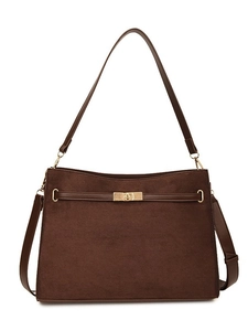 Vintage dark brown faux suede crossbody bag with gold twist lock and shoulder strap