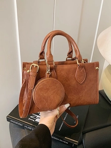 Retro brown PU leather square handbag with small round purse and adjustable strap