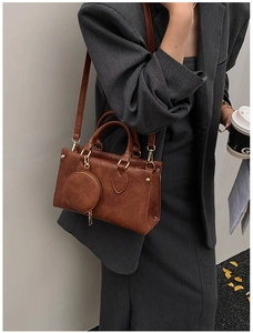 Chic caramel brown faux leather square bag with mini round coin purse and gold hardware