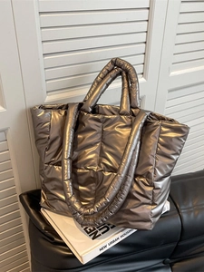 Women Glossy Quilted Puffer Tote Bag Large Capacity Metallic Nylon Padded Shoulder Bag Fashion Versatile Bag For Commute