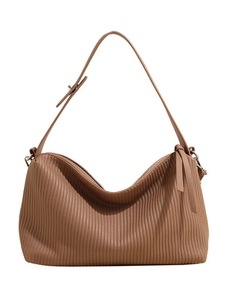 Vintage caramel brown tote bag with vertical pleated texture and adjustable strap