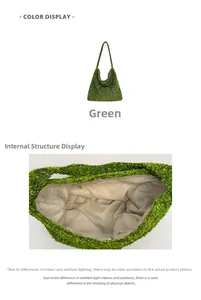 Detailweergave van de groene wollen bucket bag met ruime binnenkant en voering