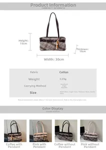 Size specifications and fabric detail for the brown and pink plaid underarm bag