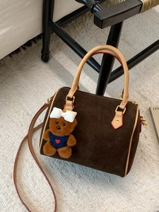 Women Retro Frosted PU Leather Boston Bag Minimalist Crossbody Handbag With Bear Pendant Small Pillow Bag For Daily Commute
