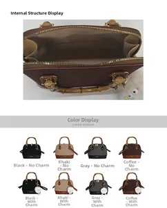 Detail view of stylish shell bag interior and bamboo handles in various colors