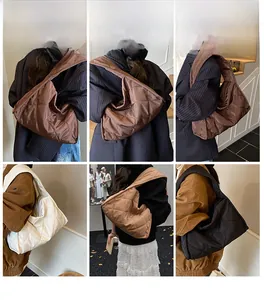Collage of quilted puffy tote bags in four colors shown on models in casual style
