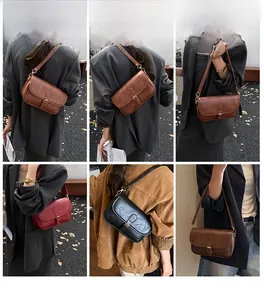 Detailed views of vintage faux leather shoulder bags in brown, burgundy, and black finishes